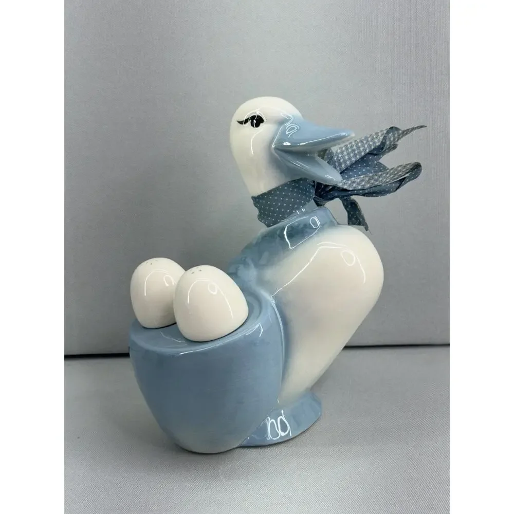Vintage Ceramic Duck Napkin Holder Egg Salt Pepper Shakers Blue White READ